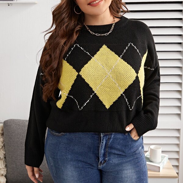 

Plus Argyle Pattern Sweater, Multicolor