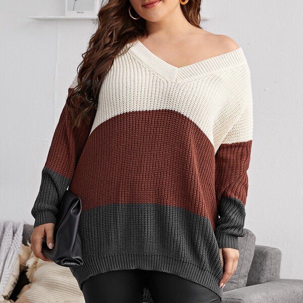 

Plus Colorblock V-neck Oversized Sweater, Multicolor