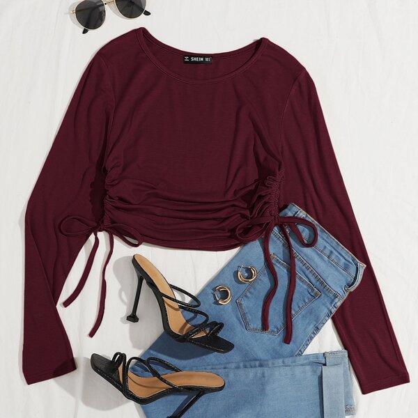 

Plus Drawstring Ruched Solid Tee, Maroon