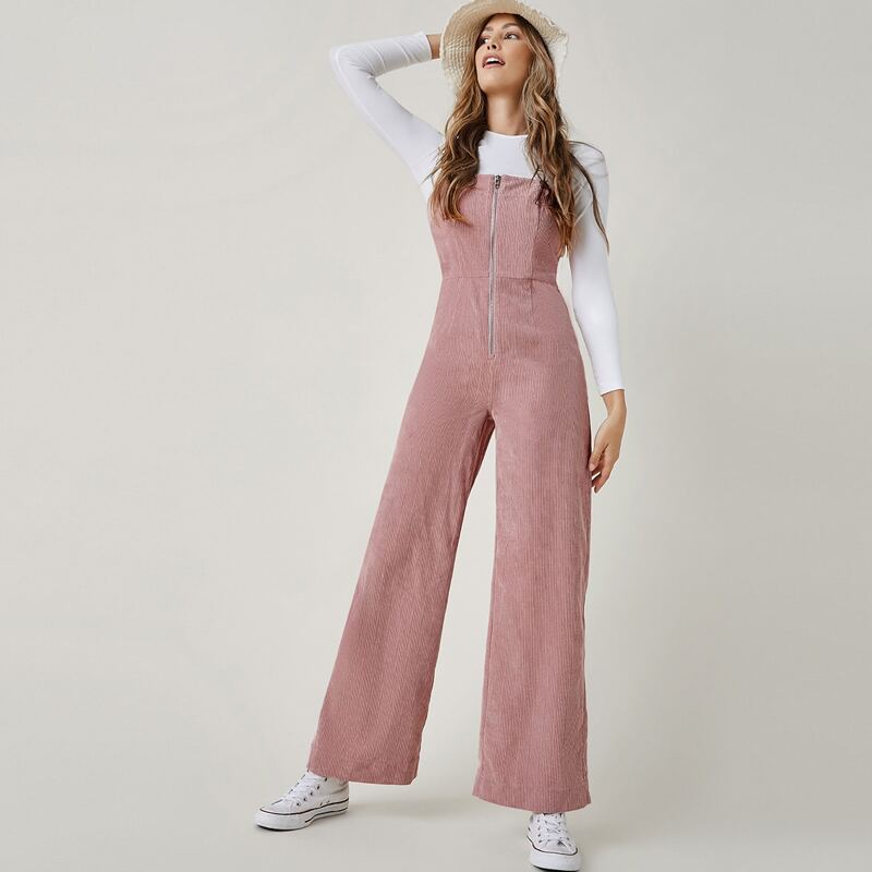 

Zipper Front Solid Cord Overalls, Dusty pink