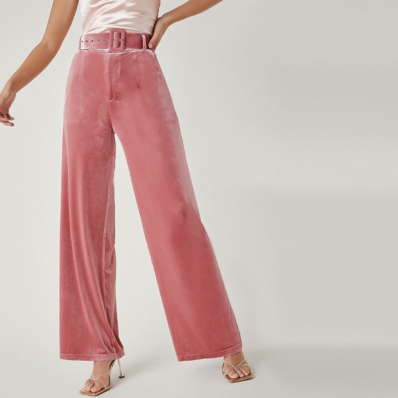 

Buckle Belted Solid Velvet Pants, Dusty pink