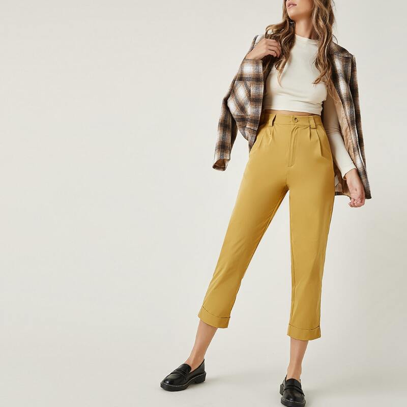 

Rolled Hem Cropped Tailored Pants, Mustard yellow