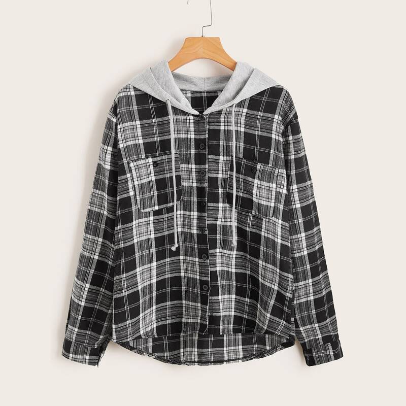 

Contrast Hooded Dip Hem Plaid Blouse, Black and white