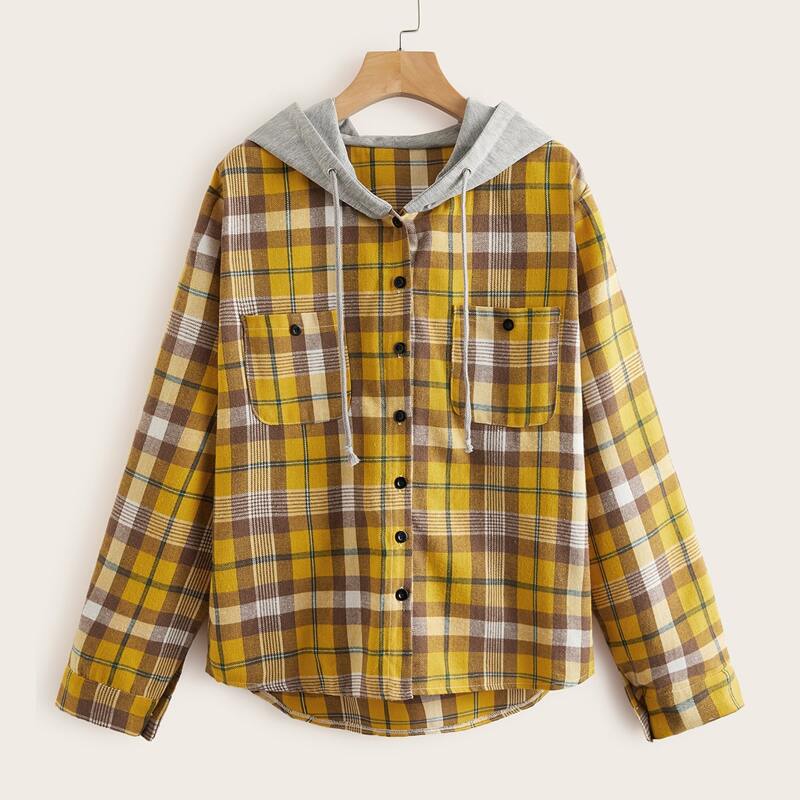 

Contrast Hooded Dip Hem Plaid Blouse, Multicolor