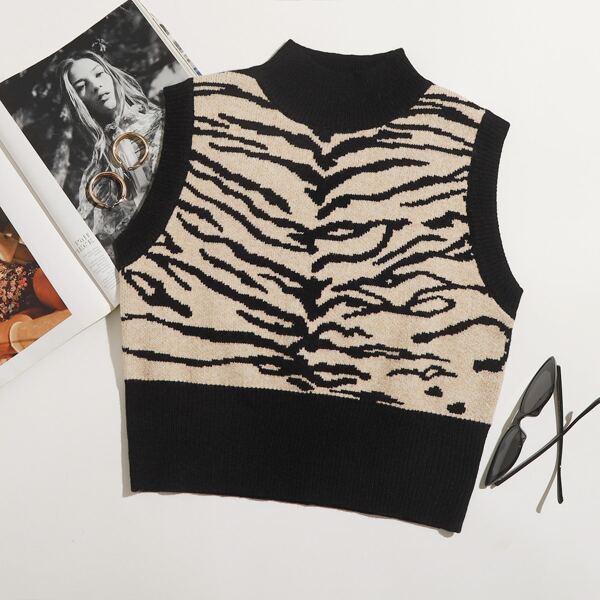 

Stand Collar Zebra Stripe Sweater Vest, Multicolor
