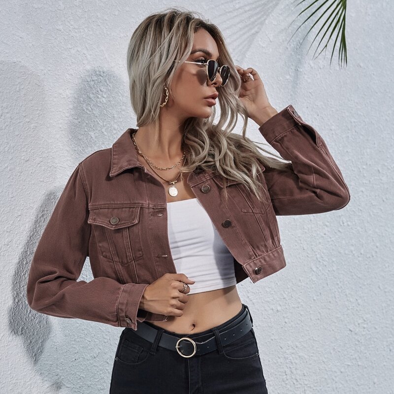 

Flap Pocket Crop Denim Jacket, Mocha brown