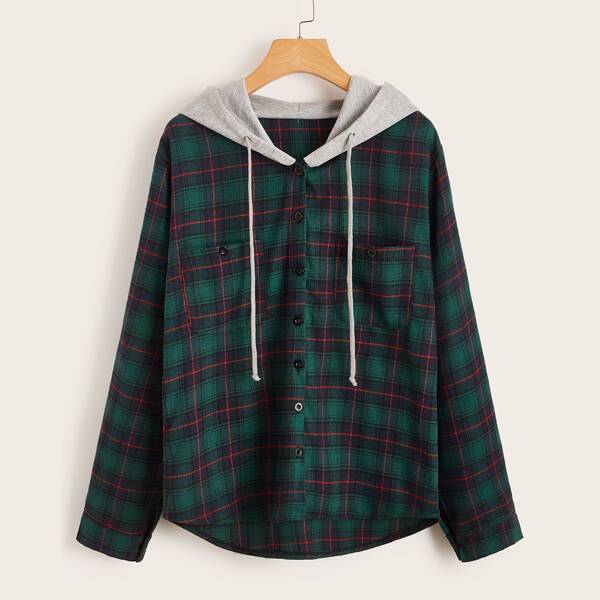 

Contrast Hooded Dip Hem Plaid Blouse, Green