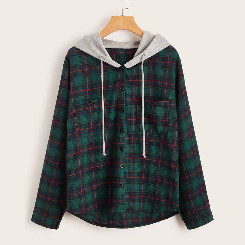 

Contrast Hooded Dip Hem Plaid Blouse, Green