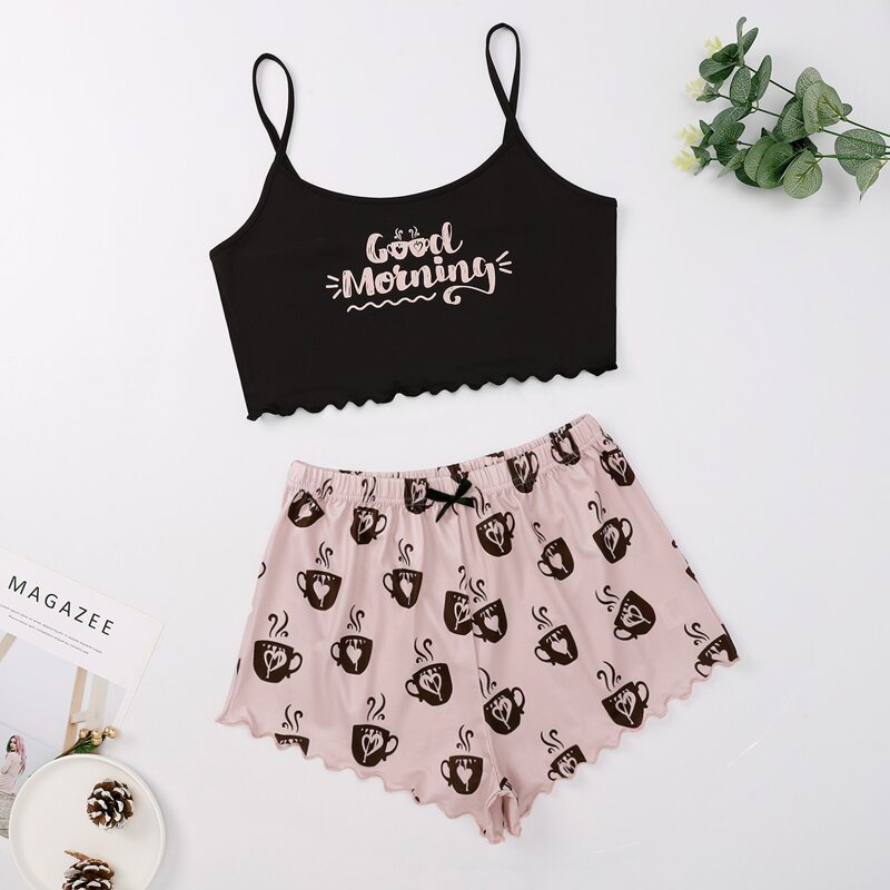 

Slogan & Cup Print Lettuce Trim Pajama Set, Multicolor