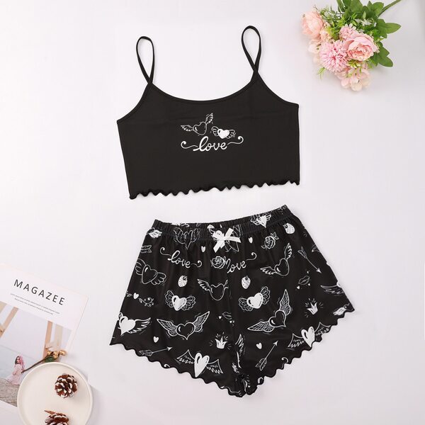 

Letter & Heart Print Cami Pajama Set, Black