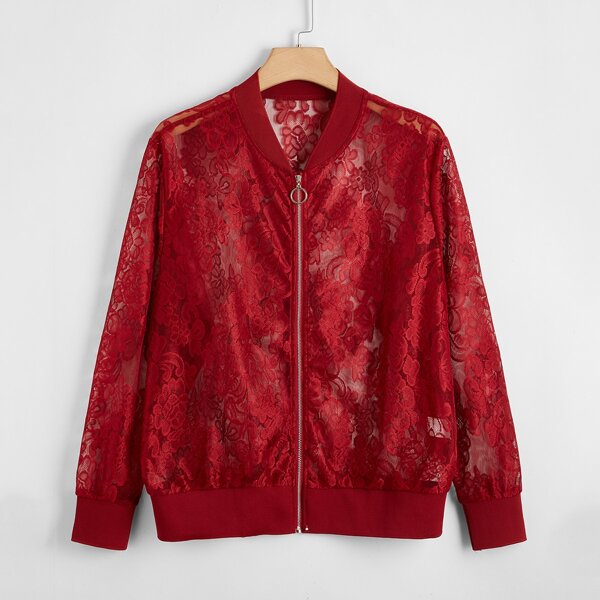 

Plus O-ring Zip Up Lace Bomber Jacket, Burgundy