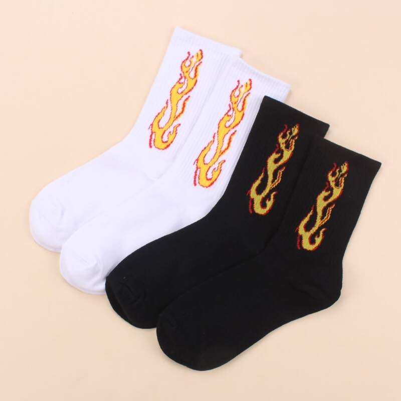 

2pairs Flame Pattern Socks, Black and white