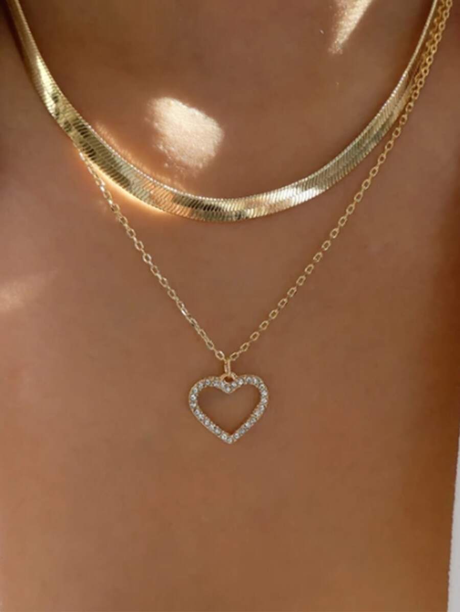 水鑽心形吊墜項鍊 - 金黃色 - 查看 1