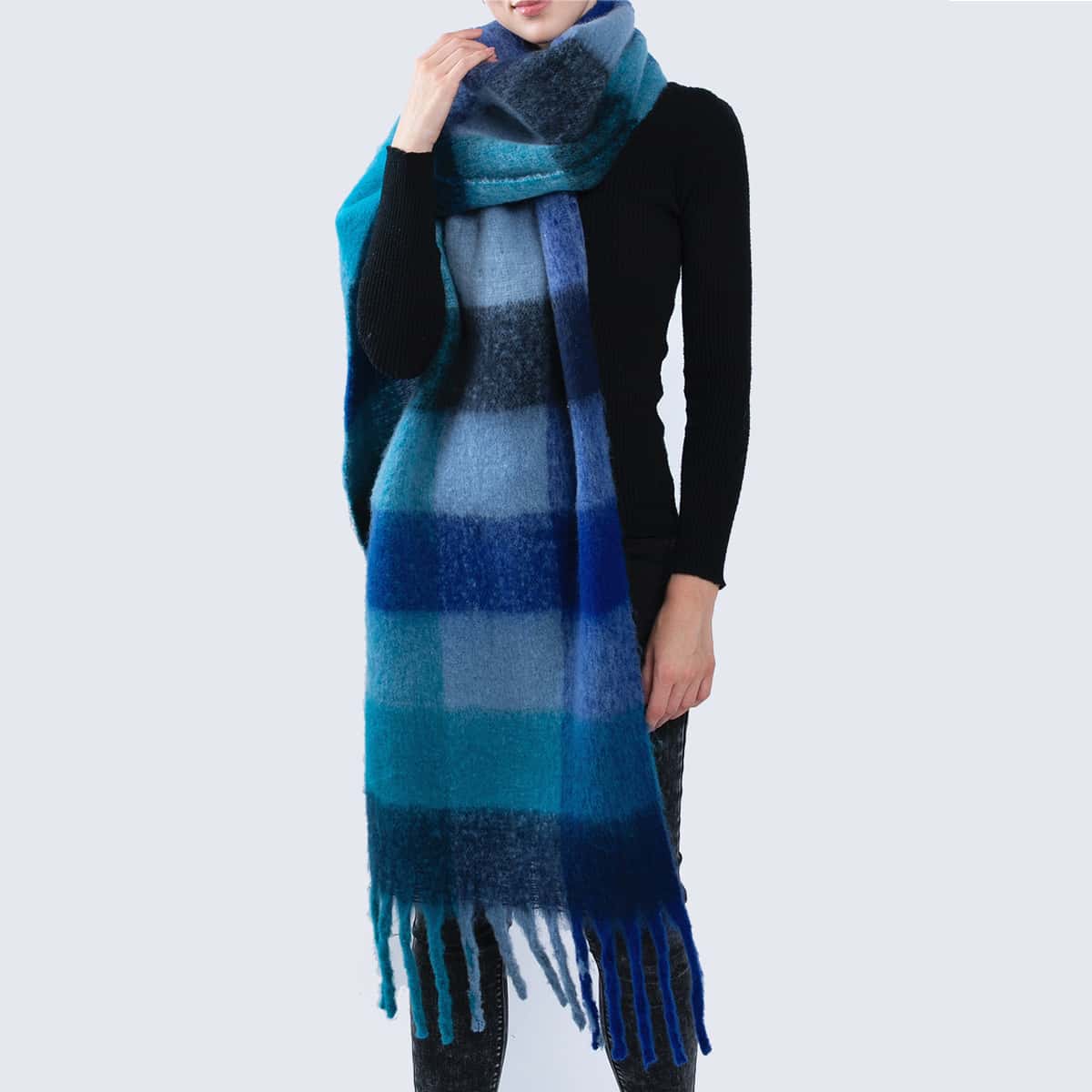

Plaid Pattern Fringe Hem Scarf, Blue