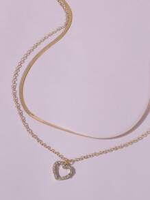 水鑽心形吊墜項鍊 - 金黃色 - 查看 3