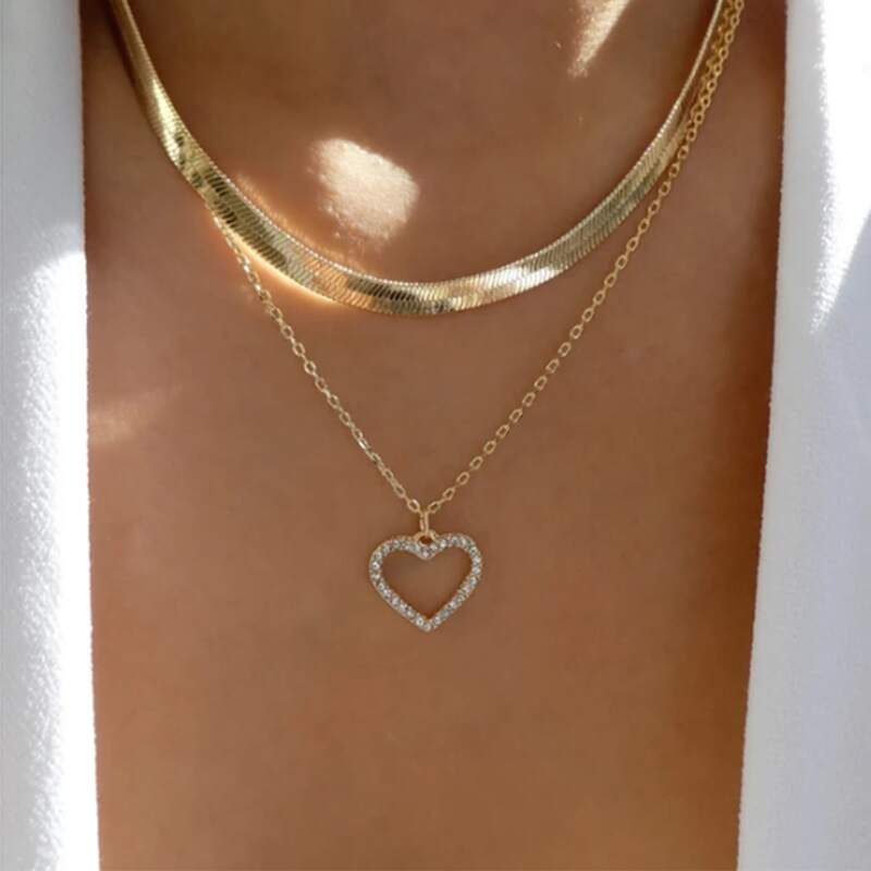 

Rhinestone Heart Charm Necklace, Gold