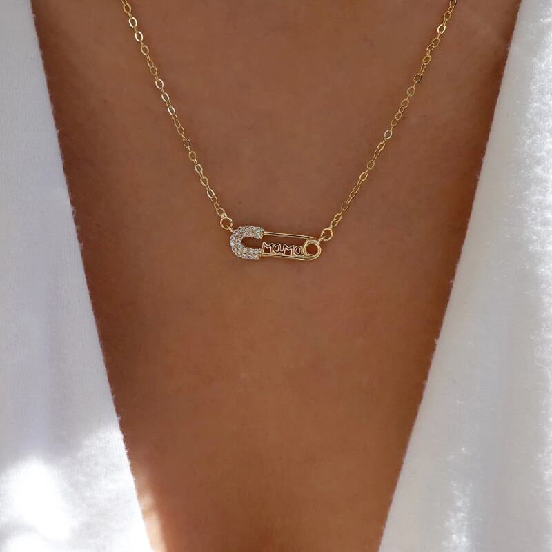 

Rhinestone Safety Pin Decor Necklace, Gold