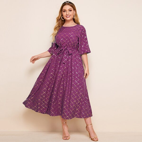 

Plus Allover Argyle Print Belted A-line Dress, Purple