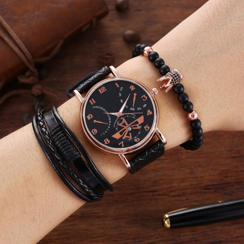 

3pcs Guys Round Pointer Date Quartz Watch With Bracelet Set