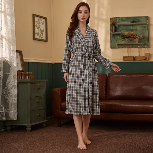 

Plaid Belted Contrast Binding Robe, Multicolor