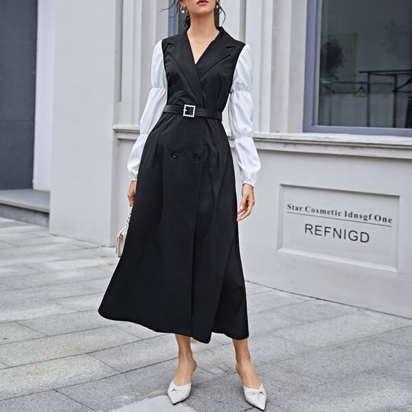 

Colorblock Lapel Collar Double Breasted Belted Coat, Black