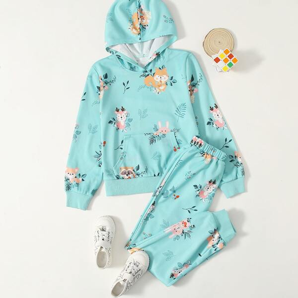 

Girls Pouch Pocket Cartoon Graphic Hoodie & Joggers Set, Mint blue