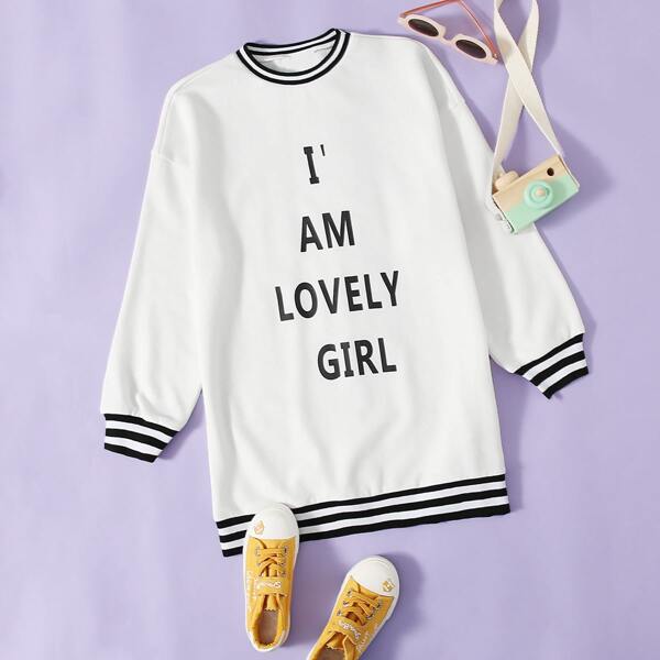 

Girls Striped Trim Slogan Graphic Sweatshirt Dress, White