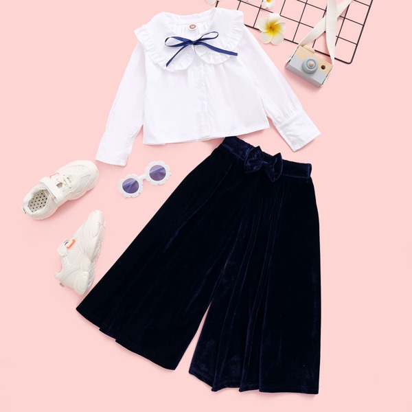 

Toddler Girls Bow Front Blouse & Velvet Wide Leg Pants, Blue and white