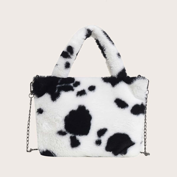 

Cow Pattern Fluffy Tote Bag, Black and white