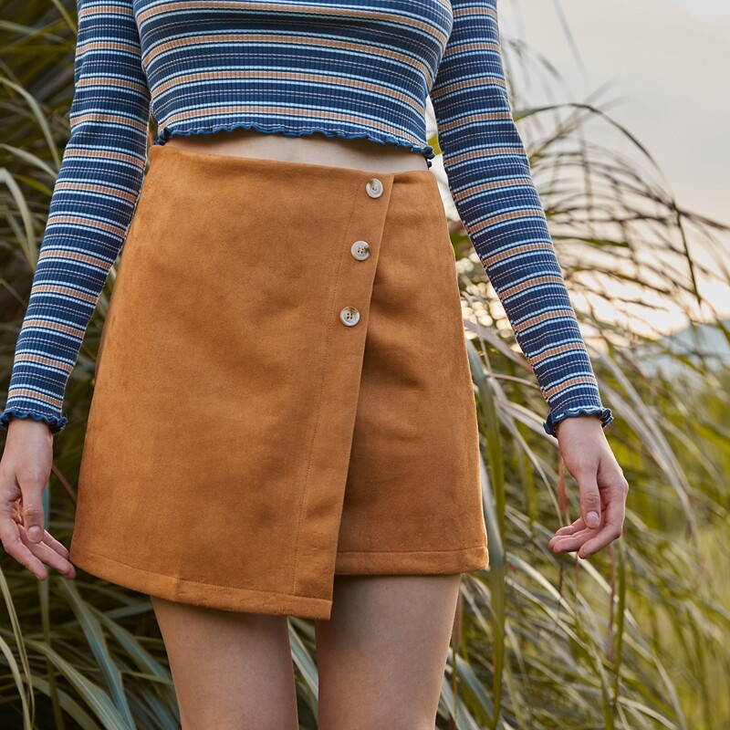 

Button Up Wrap Skirt, Brown