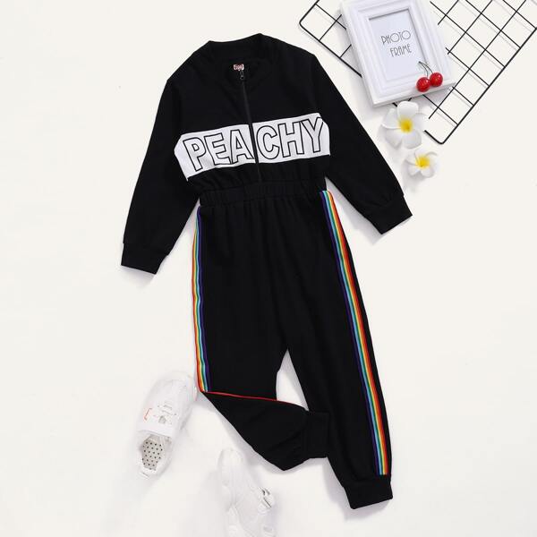 

Toddler Girls Letter & Rainbow Striped Zipper Jumpsuit, Black