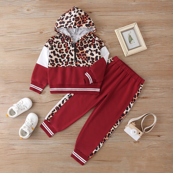 

Toddler Girls Half Zipper Leopard & Striped Print Hoodie & Sweatpants, Multicolor