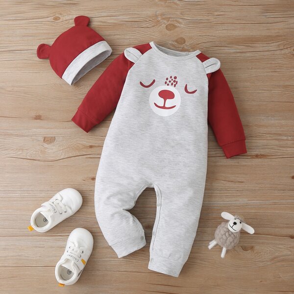 

Baby Boy Cartoon Graphic Raglan Sleeve Jumpsuit With Hat, Grey