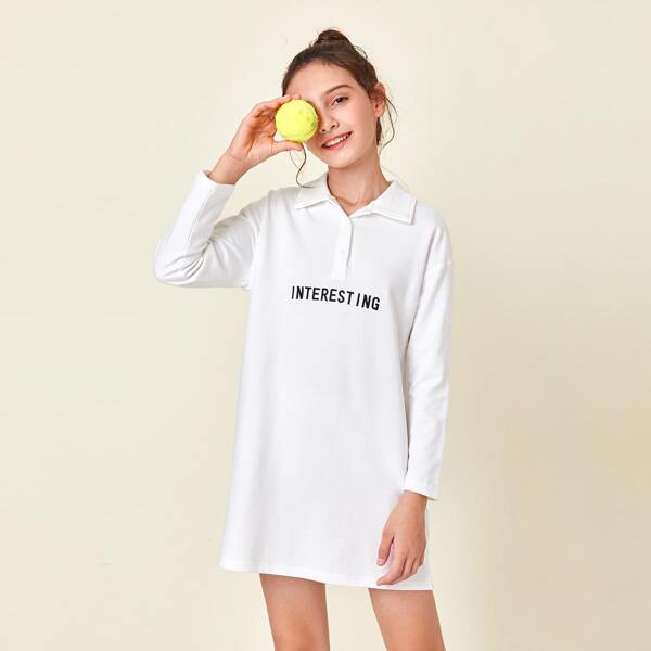 

Girls Letter Embroidery Button Front Tee Dress, White