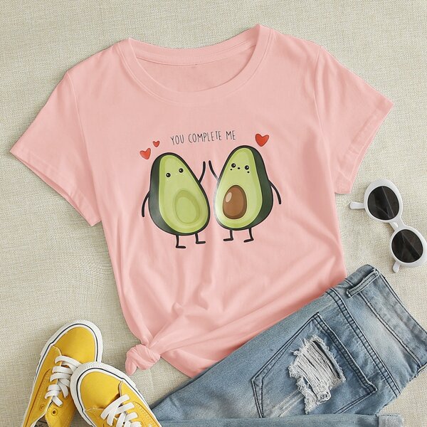 

Cartoon Avocado & Slogan Graphic Tee, Baby pink