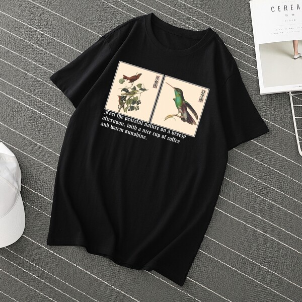 

Men Bird & Chinese Characters Print Tee, Black