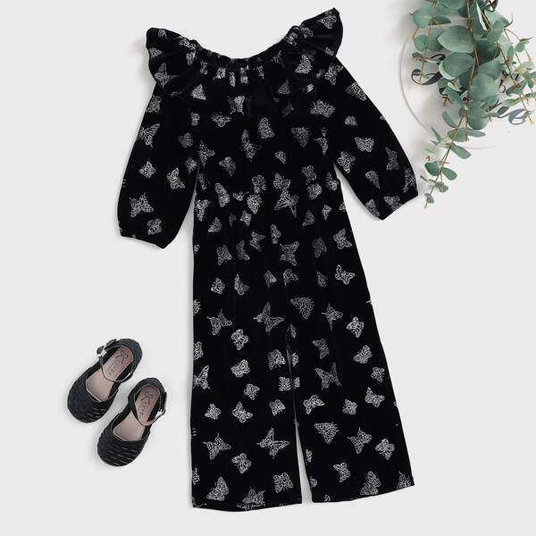 

Toddler Girls Allover Butterfly Print Ruffle Trim Jumpsuit, Black