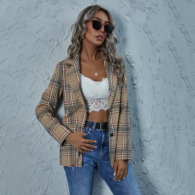 

Single Breasted Lapel Collar Plaid Blazer, Multicolor