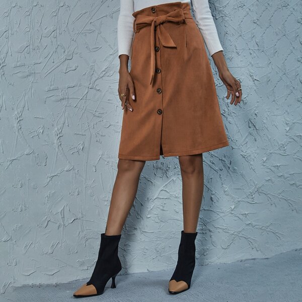

Button Front Belted Suede Skirt, Brown