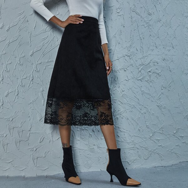 

Lace Trim Suede Midi Skirt, Black
