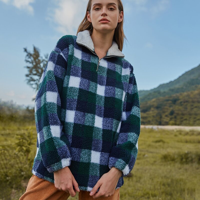 

Faux Shearling Half-Zip Plaid Sweatshirt, Multicolor