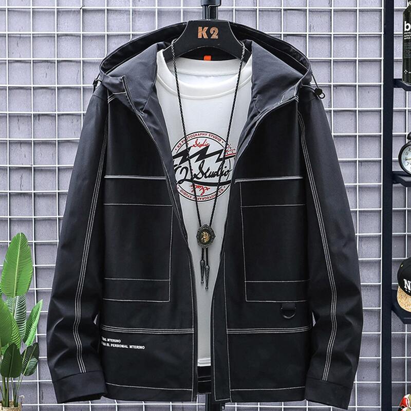 

Guys Letter Graphic Contrast Topstitching Hooded Coat, Black