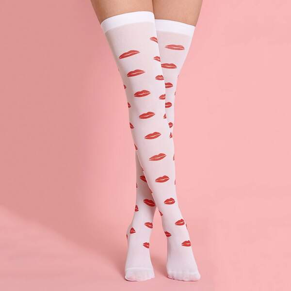

Lip Print Over The Knee Socks, White