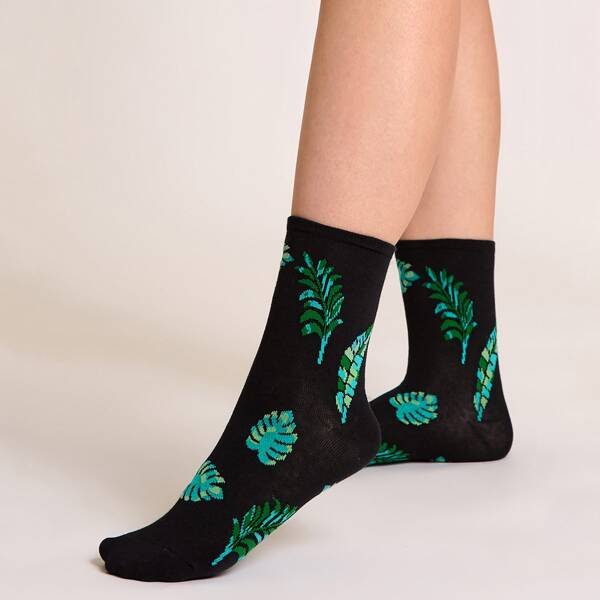 

Plants Print Crew Socks, Black