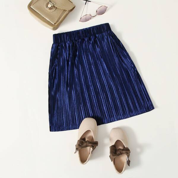 

Girls Pleated Velvet Skirt, Navy blue