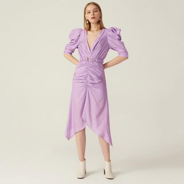 

FITTED GIGOT SLEEVE RUCHED DRESS, Pastel lilac purple
