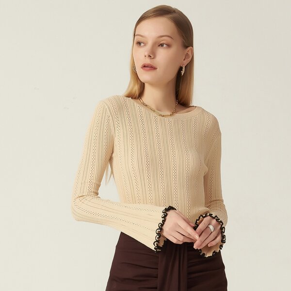 

VISCOSE SLIM OPENWORK FRILLED SWEATER, Khaki