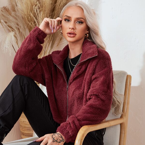 

Drop Shoulder Zip Up Teddy Jacket, Burgundy