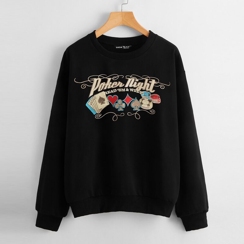 

Poker Card & Letter Embroidery Sweatshirt, Black
