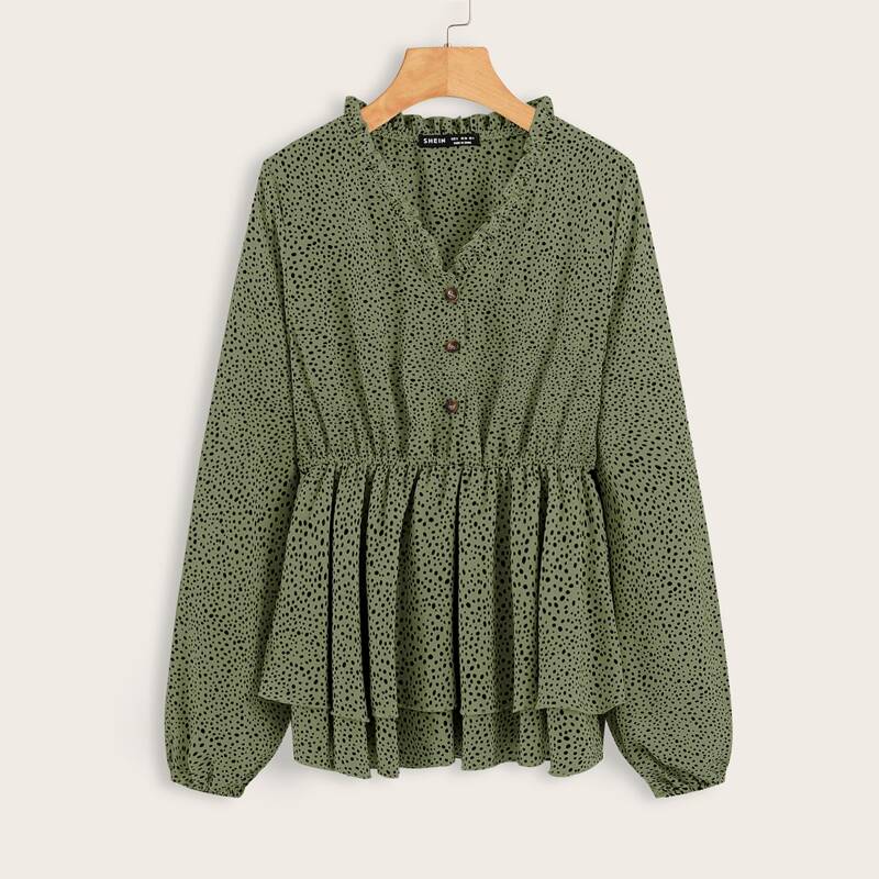 

Frill Neck Allover Print Peplum Blouse, Army green